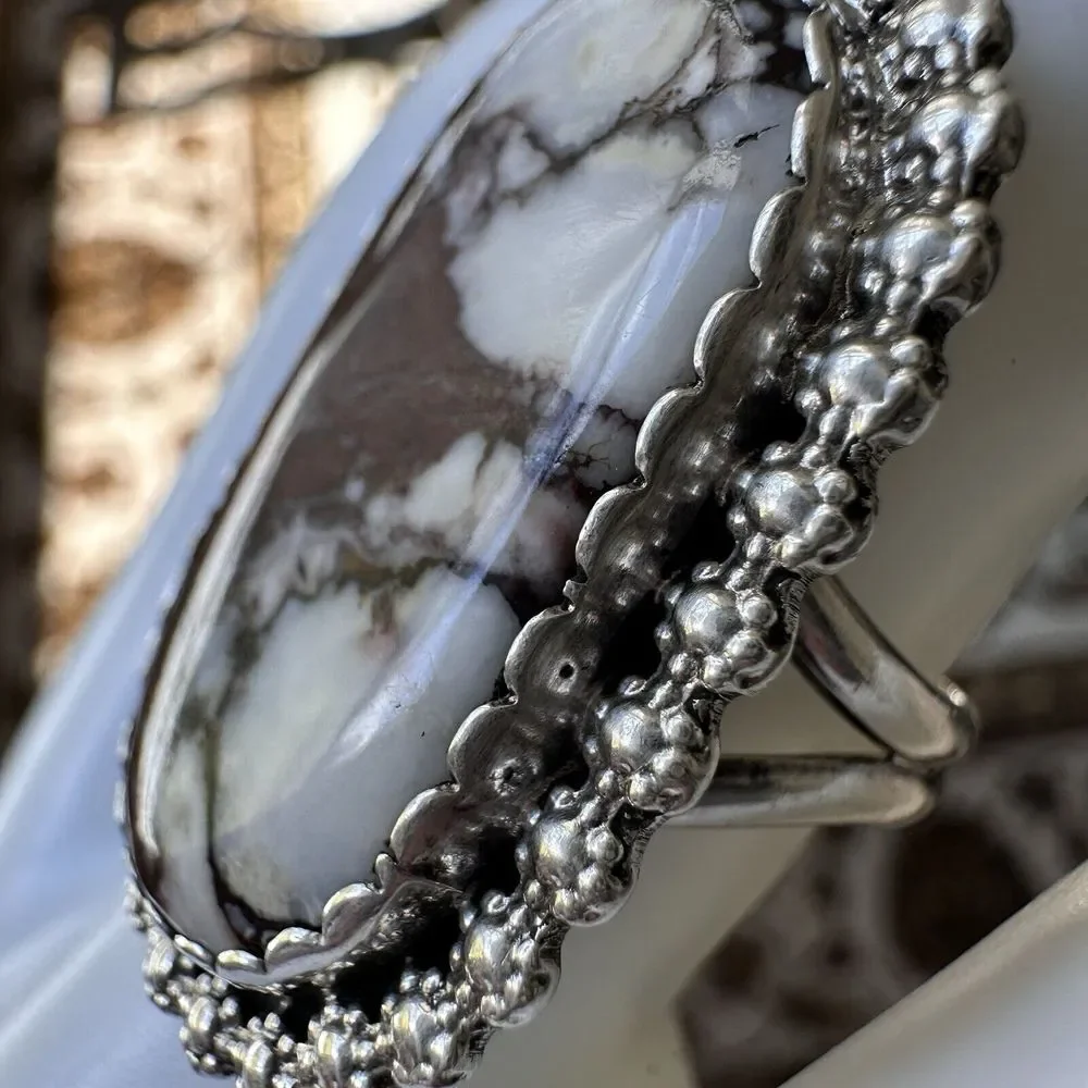 VTG Navajo James Shay Ring Wild Horse Stone Size 8.5 Sterling Silver Floral 9.9g